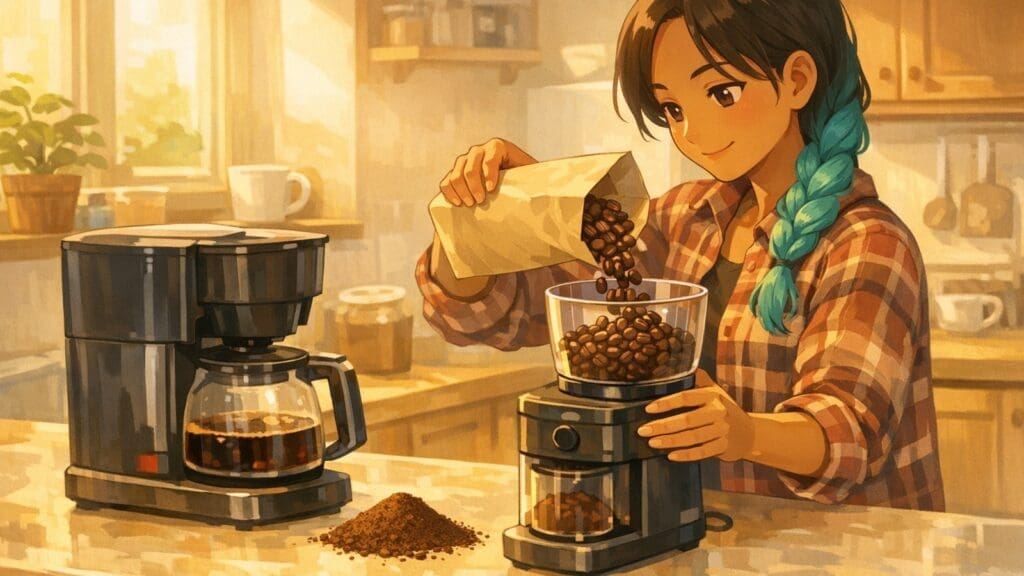 Cozy anime illustration of whole coffee beans for a drip coffee maker