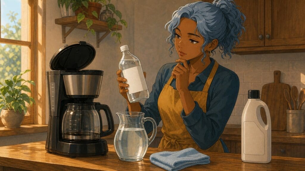 Cozy anime illustration of safely cleaning a coffee maker with gentle supplies