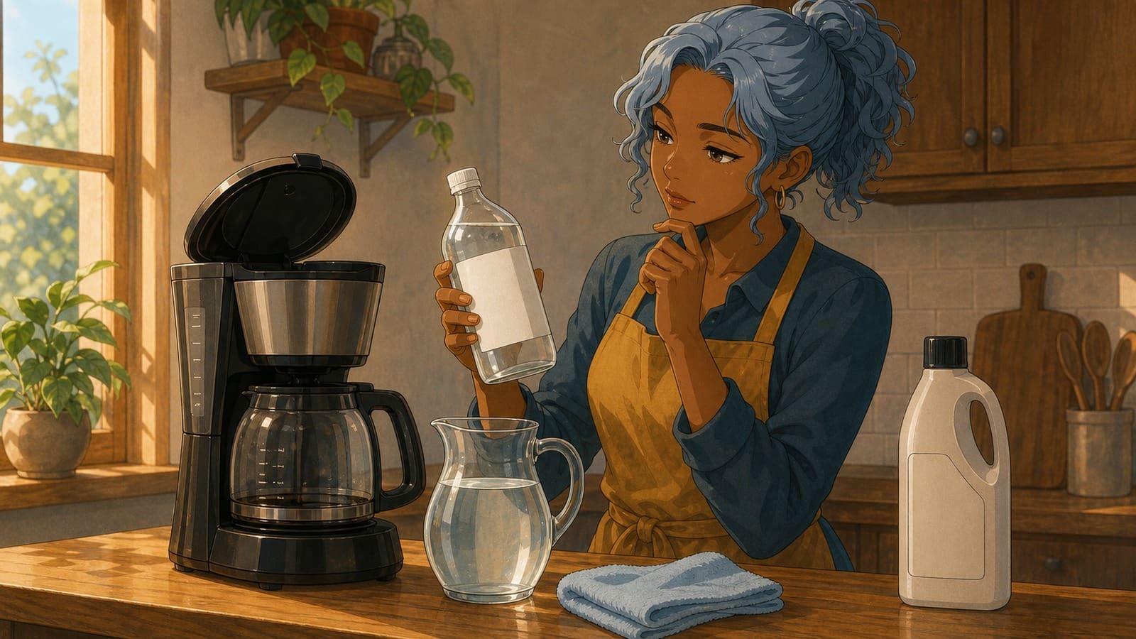 Cozy anime illustration of safely cleaning a coffee maker with gentle supplies