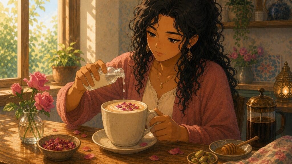 Cozy anime illustration of a rose water latte with rose petals