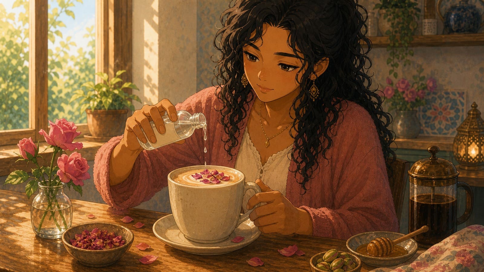 Cozy anime illustration of a rose water latte with rose petals
